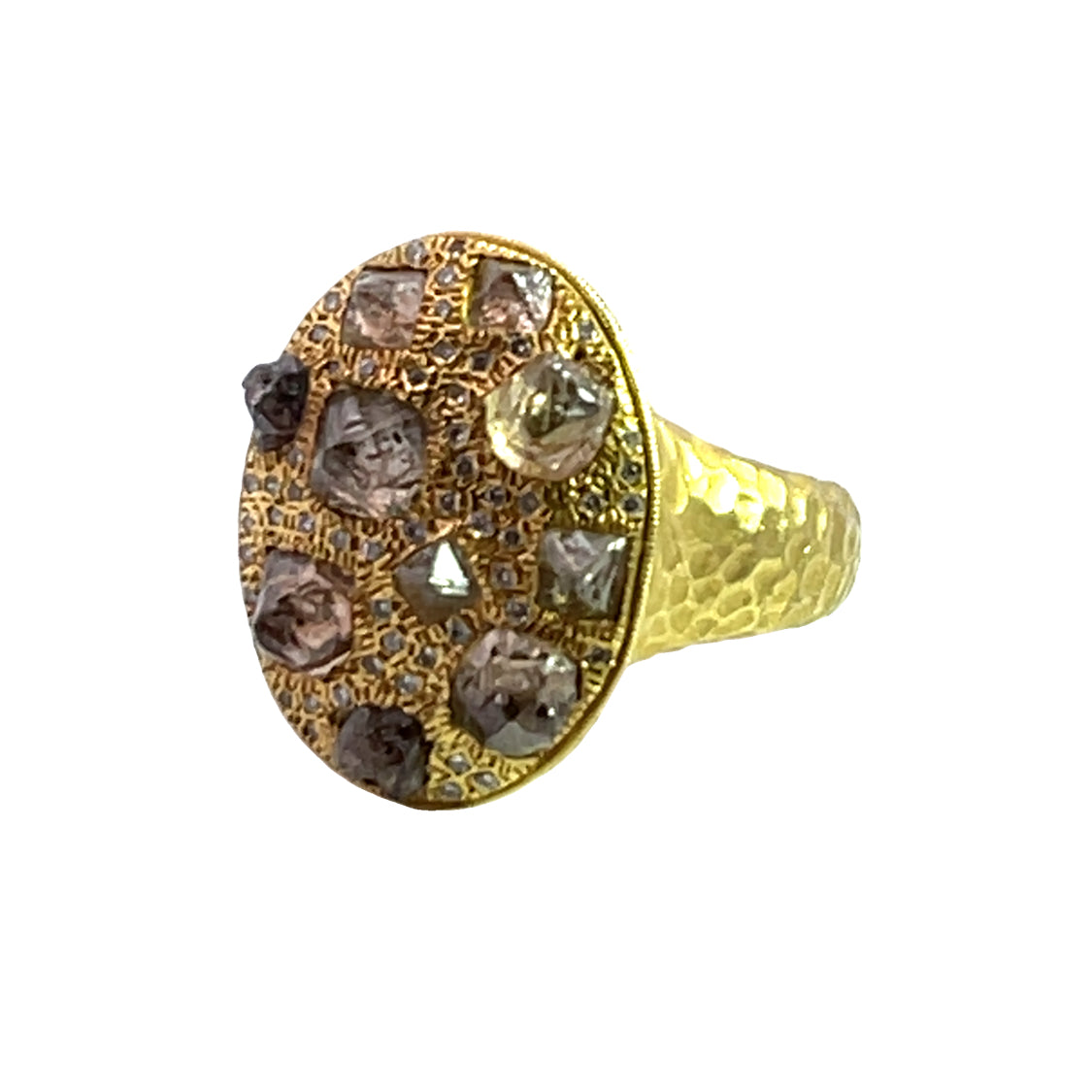 Modern 18KY gold raw diamond, and round brilliant cut diamond hammered ring