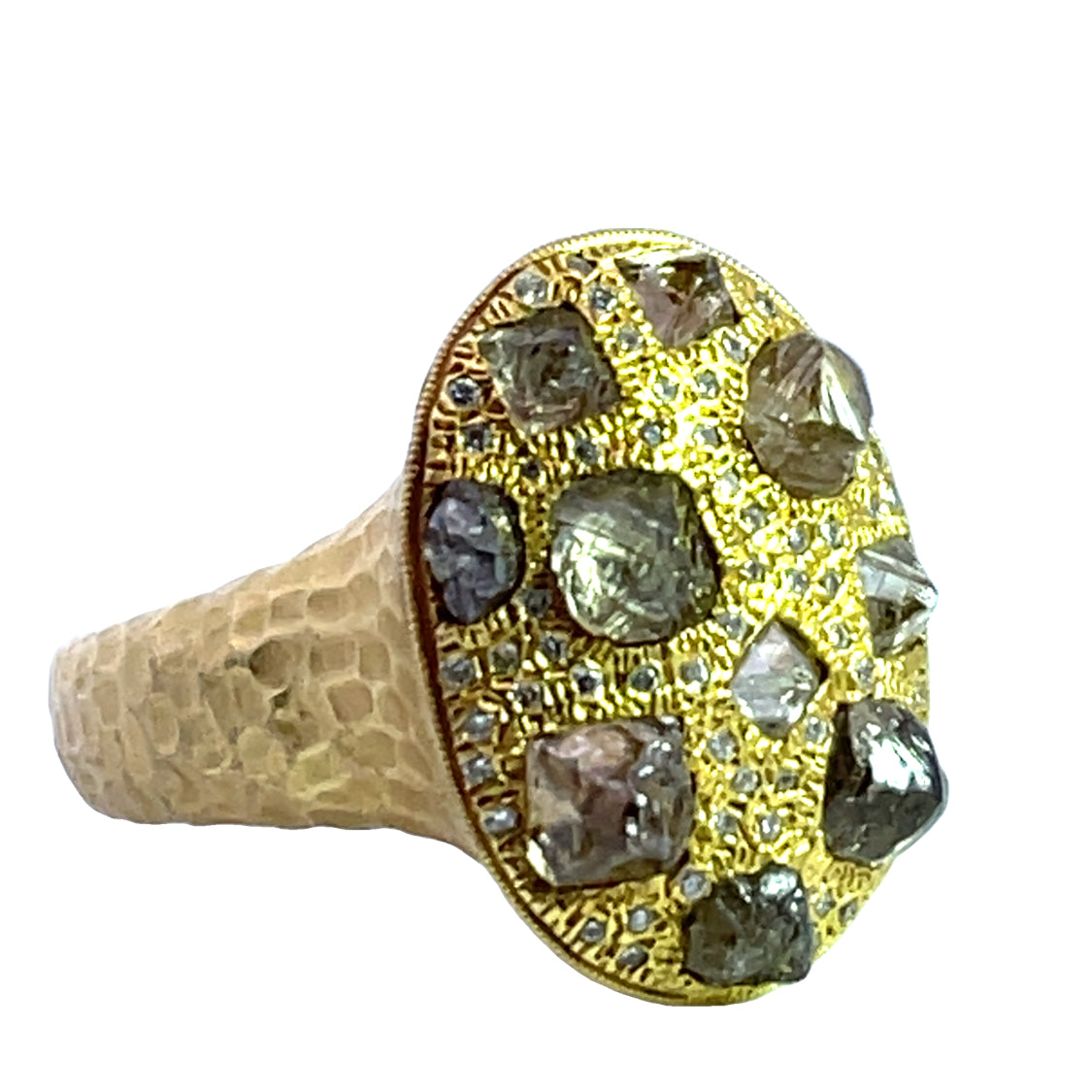 Modern 18KY gold raw diamond, and round brilliant cut diamond hammered ring