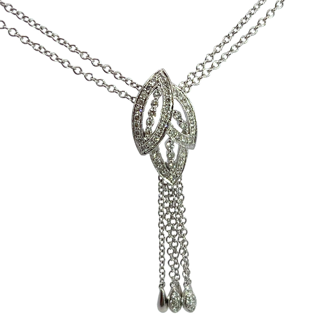 Modern 14K white gold and diamond tassel necklace