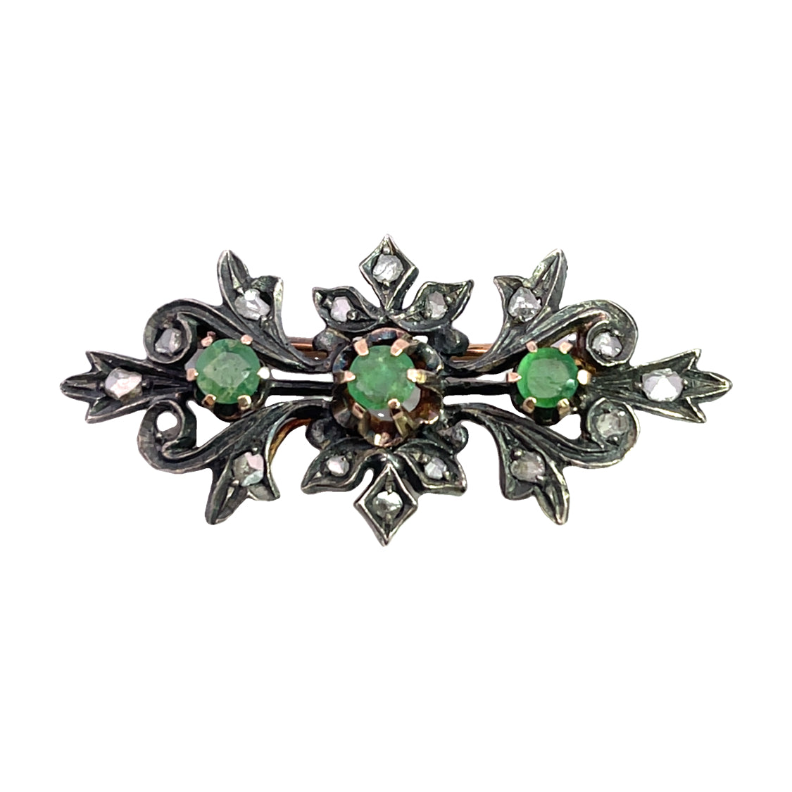 Victorian 14KY, Sterling Silver, rose cut diamonds and emerald brooch