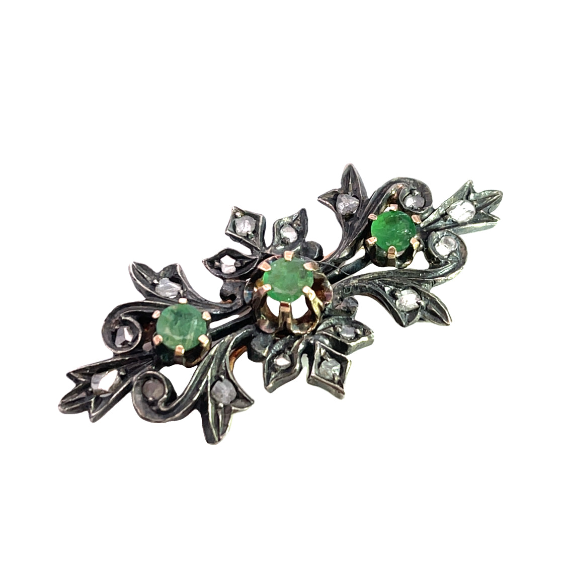 Victorian 14KY, Sterling Silver, rose cut diamonds and emerald brooch
