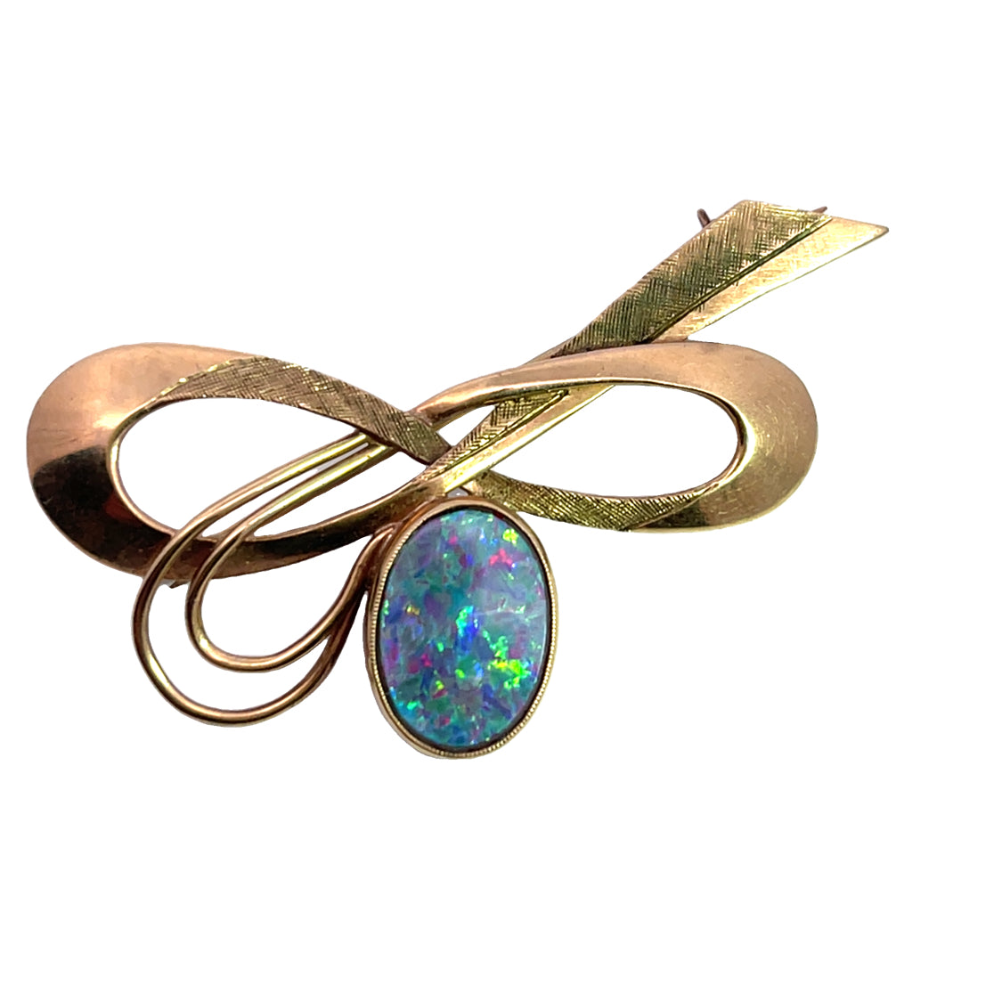 Modern 9KY gold and opal doublet bow pin