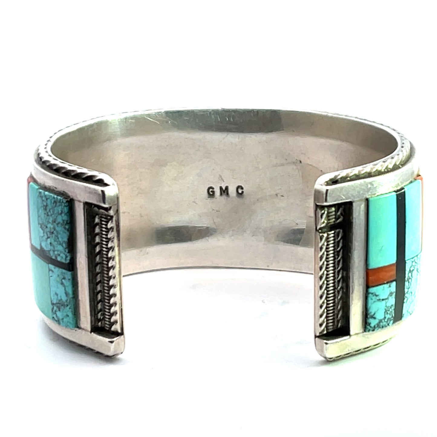 Native American Sterling silver jasper, turquoise, onyx, coral and mother of pearl inlaid cuff bracelet