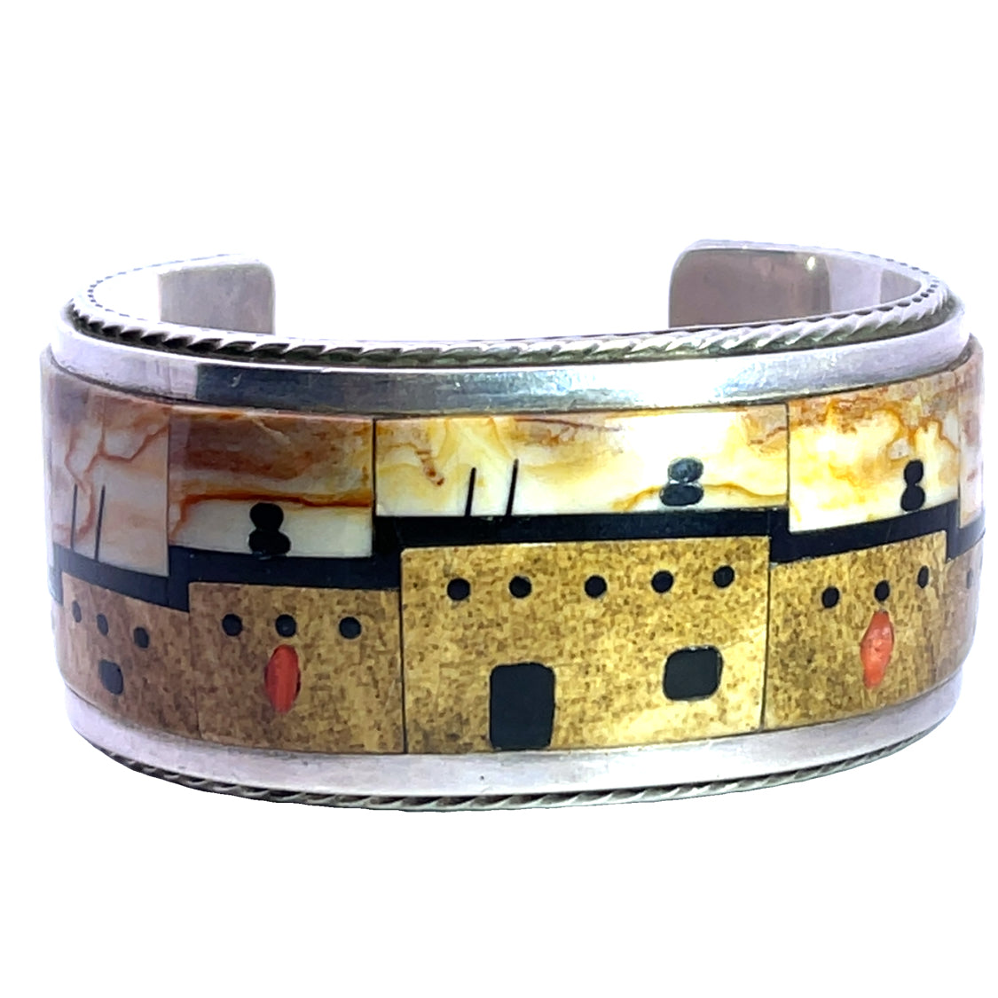 Native American Sterling silver jasper, turquoise, onyx, coral and mother of pearl inlaid cuff bracelet