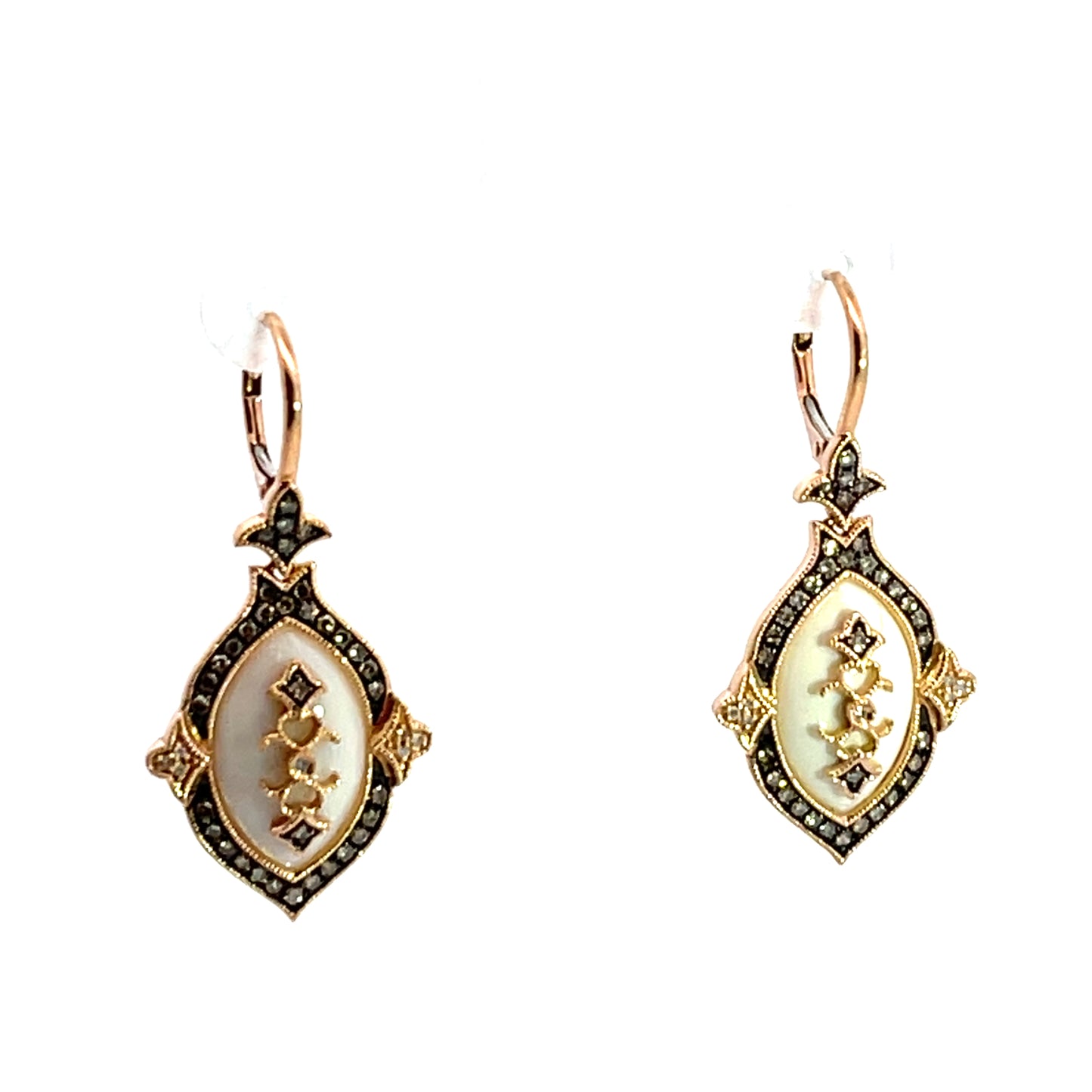 Modern 14KY rose gold, white coral, and diamond drop earrings