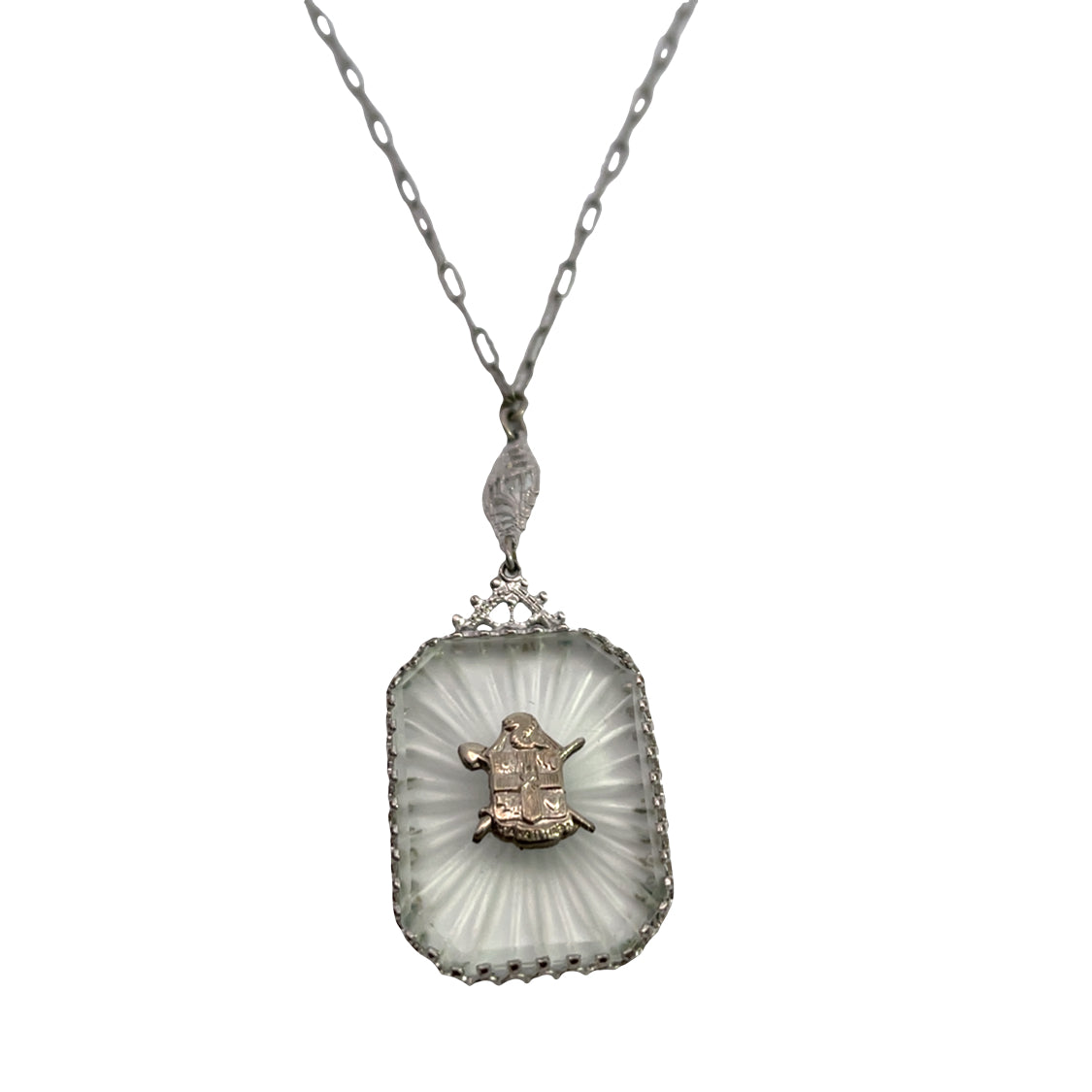Art Deco Sterling Silver camphor glass with family crest pendant