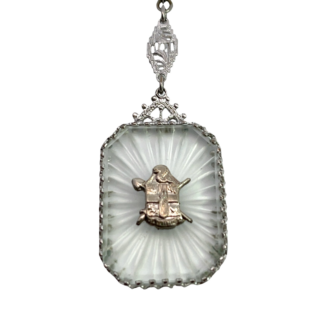 Art Deco Sterling Silver camphor glass with family crest pendant