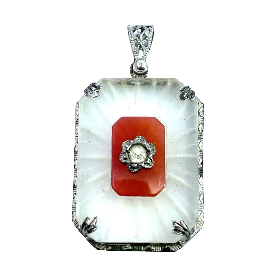Art Deco Sterling Silver, carnelian camphor glass pendant