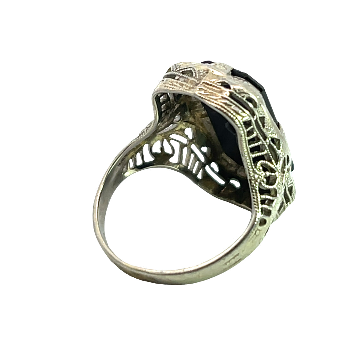 Art Deco 14K white, onyx and diamond ring