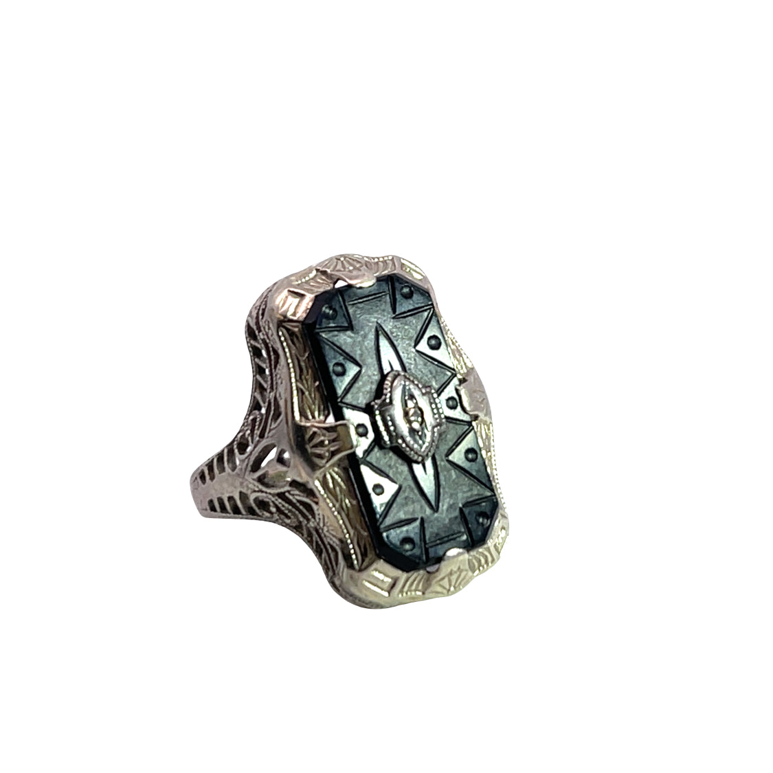 Art Deco 14K white, onyx and diamond ring