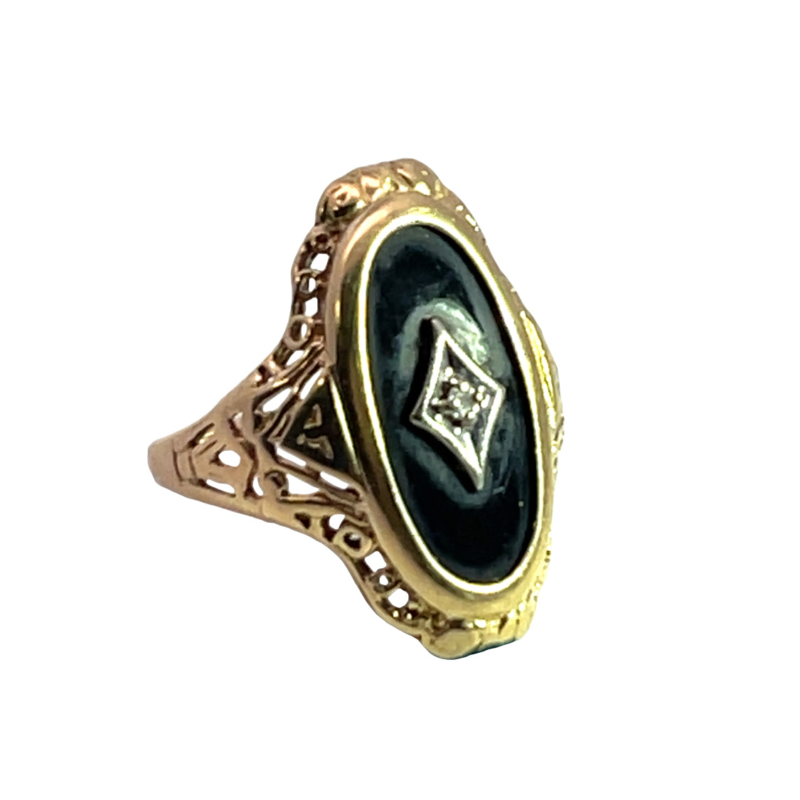 Art Deco 10KY gold, diamond and onyx signet ring
