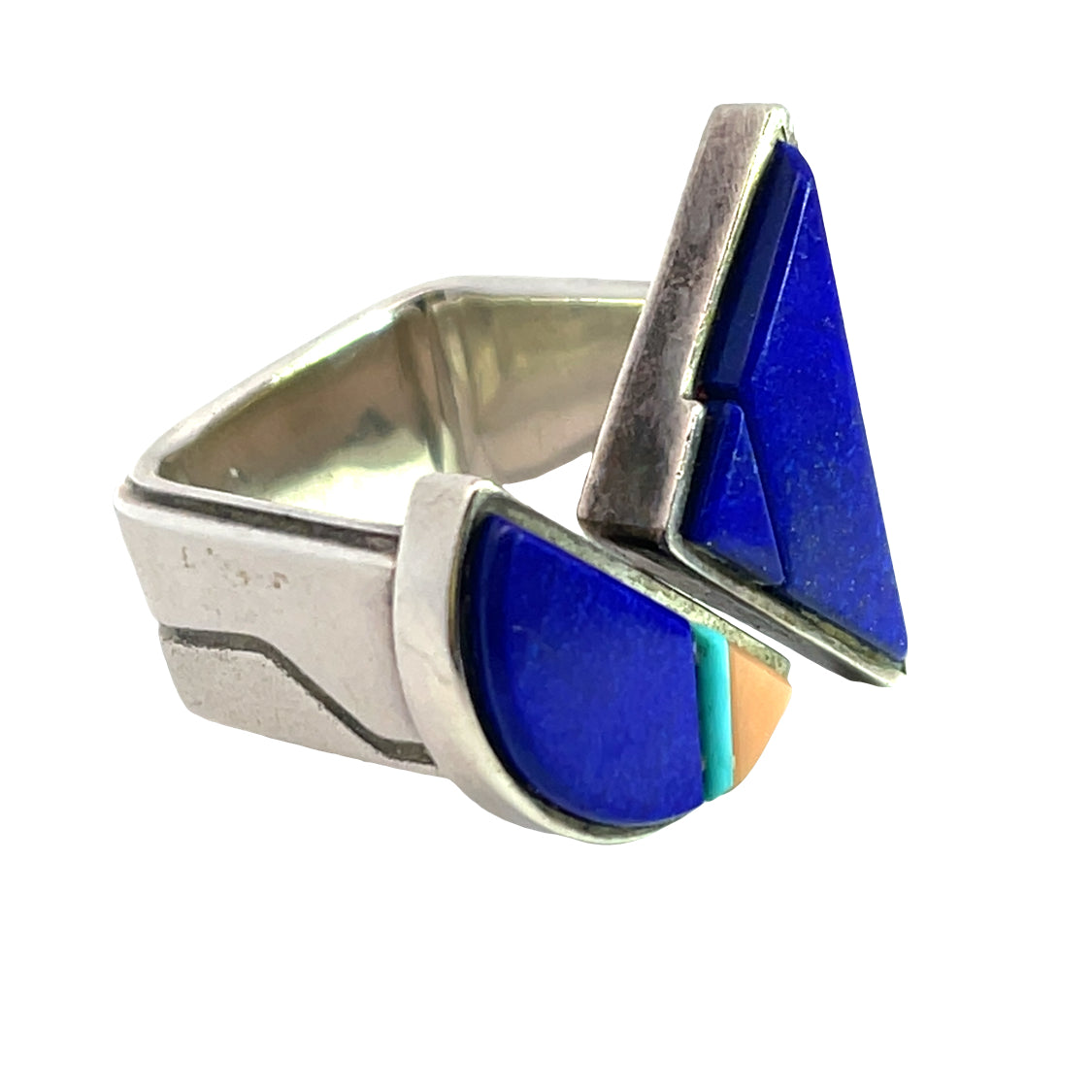 Native American Sterling silver, lapis, coral and turquoise ring