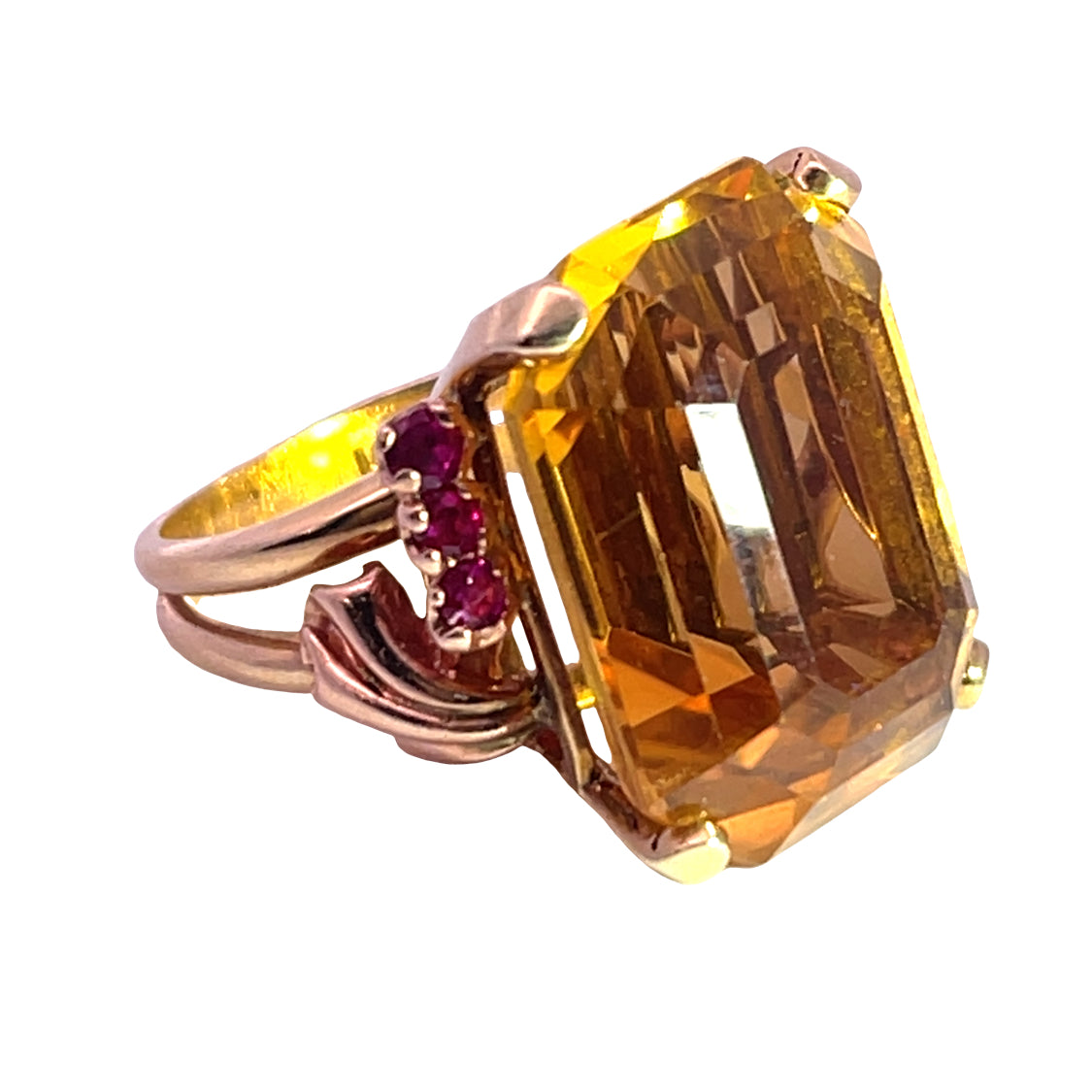 Modern 14KY gold, citrine and ruby ring