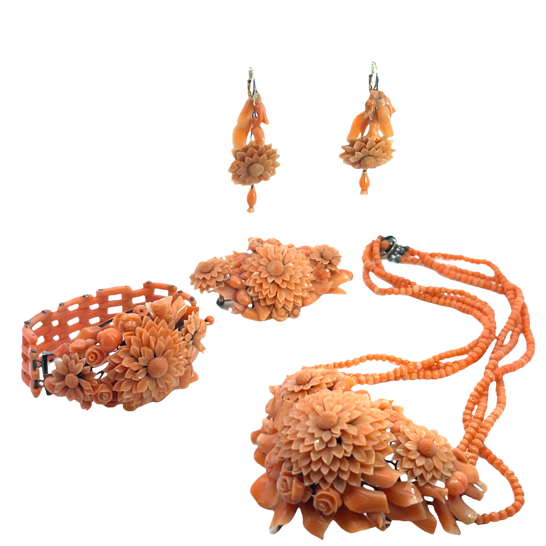 Early Victorian, Sterling Silver, Italian Coral suite of necklace, bracelet, pin and earrings
