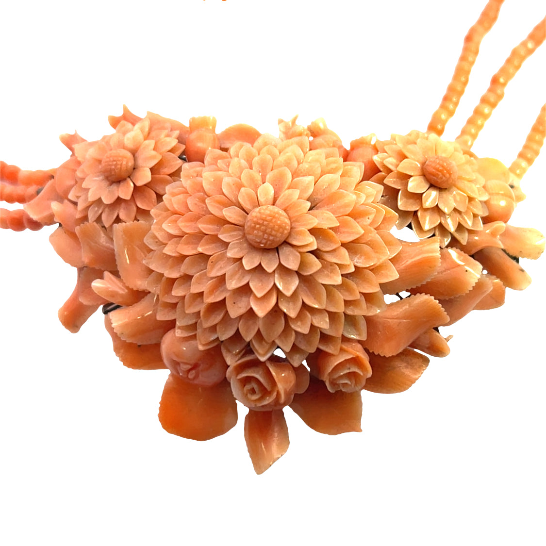 Early Victorian, Sterling Silver, Italian Coral suite of necklace, bracelet, pin and earrings