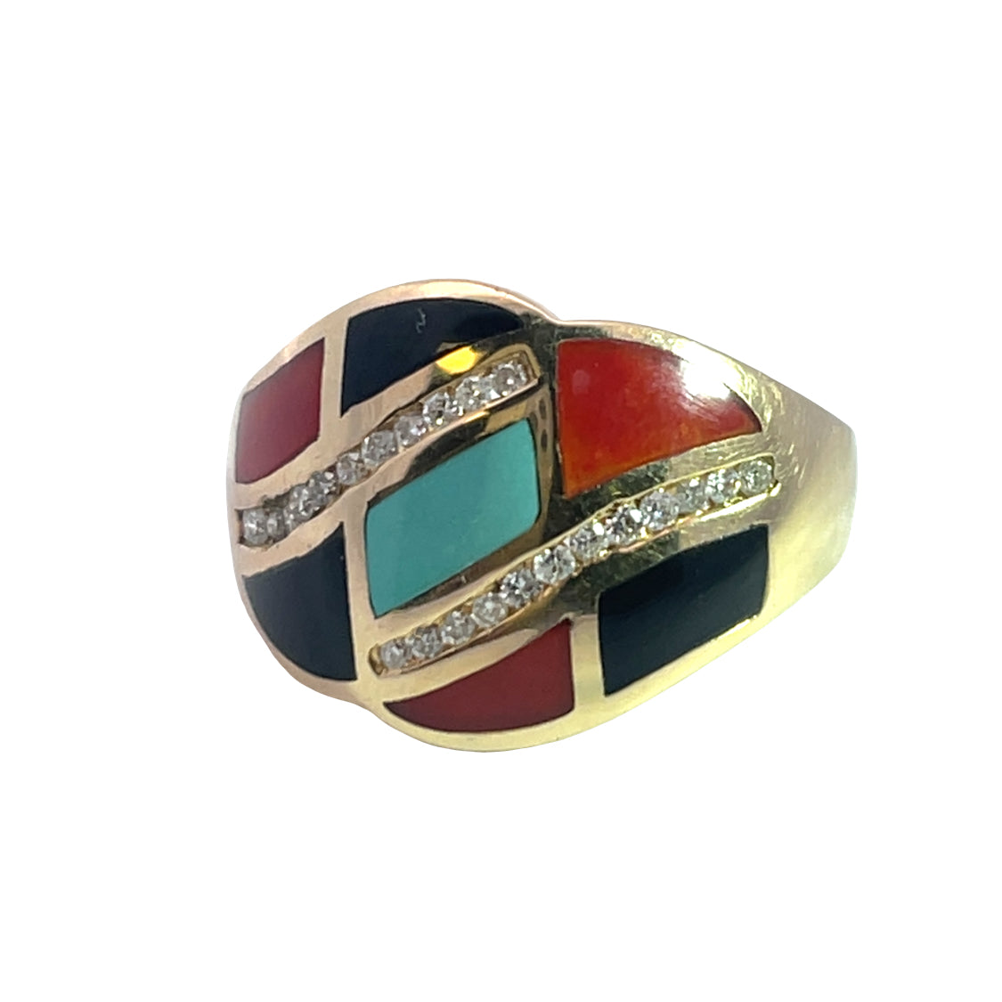 Art Deco 14KY gold, diamond, carnelian, turquoise and onyx inlay ring