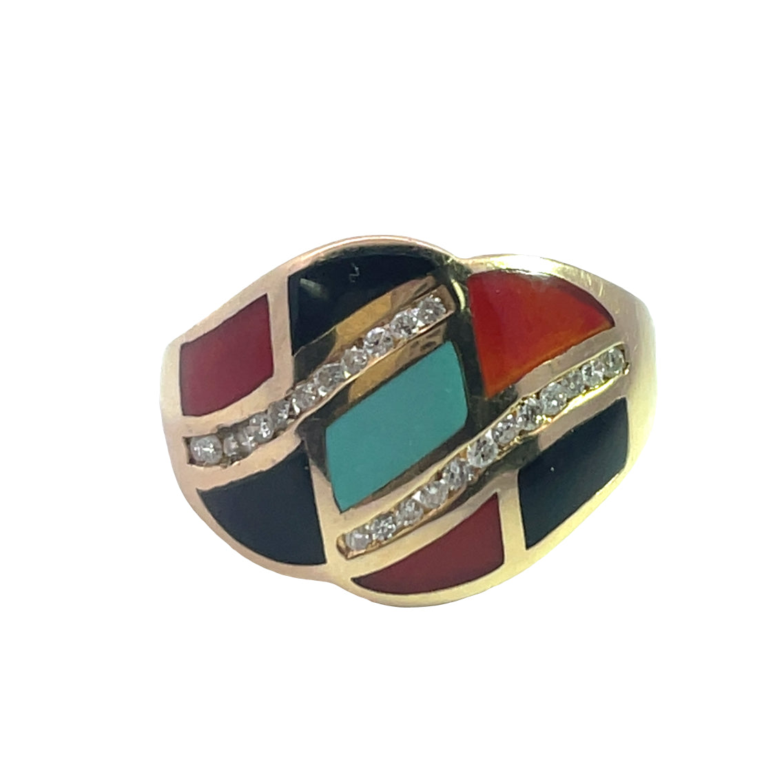 Art Deco 14KY gold, diamond, carnelian, turquoise and onyx inlay ring