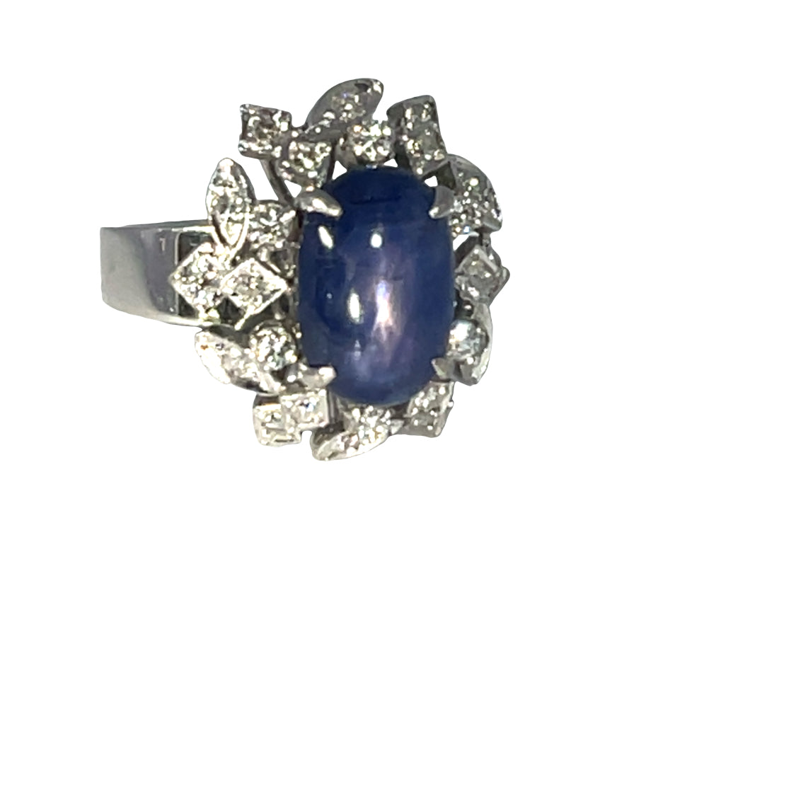 Mid Century Modern 10K white gold, diamond and star sapphire ring
