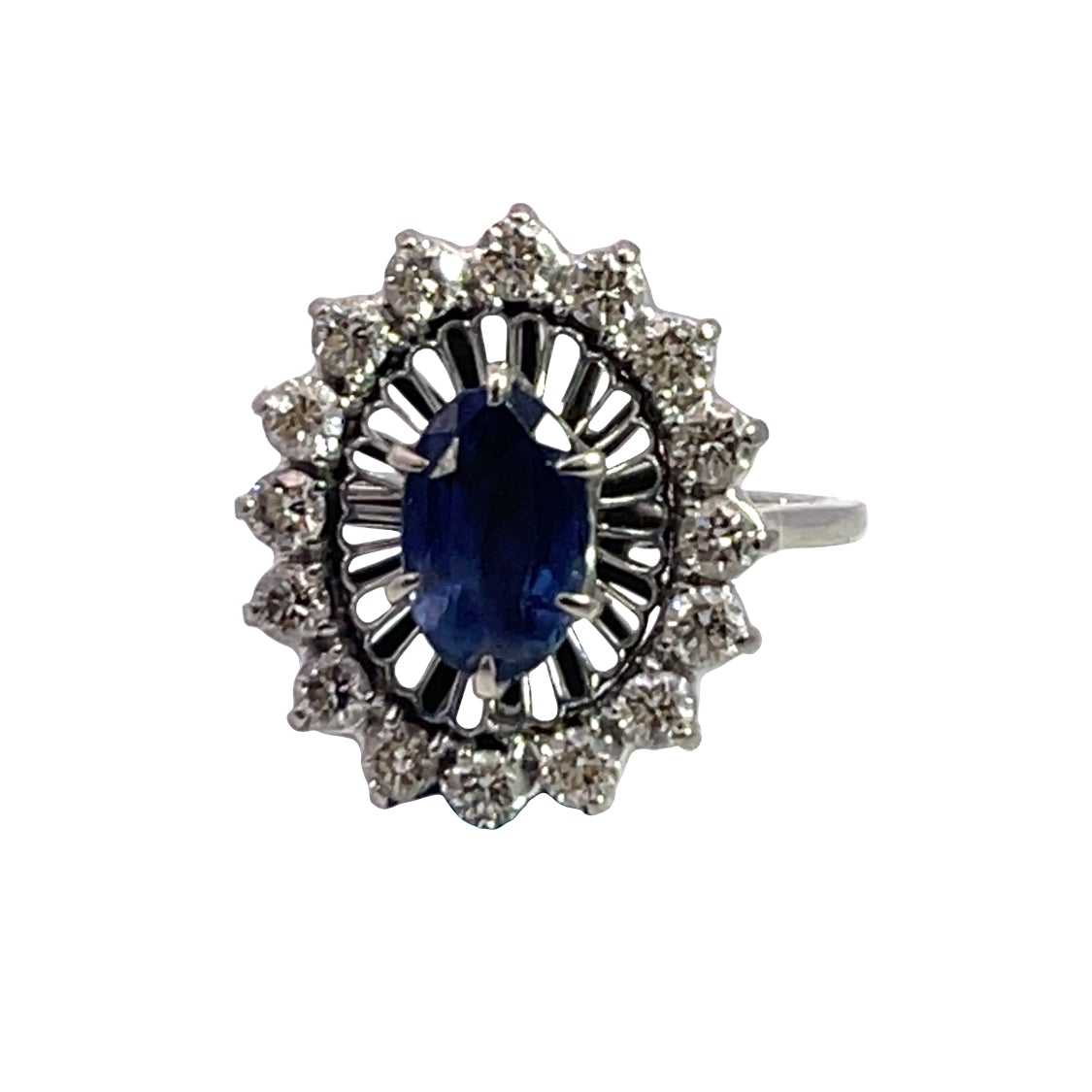 Modern 18K white gold diamond and sapphire ring