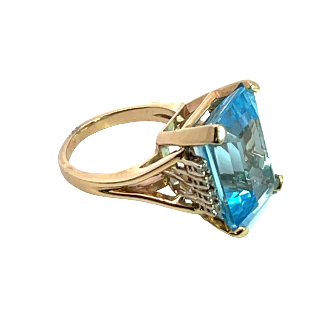 Modern 14KY gold, Blue Topaz and diamond ring