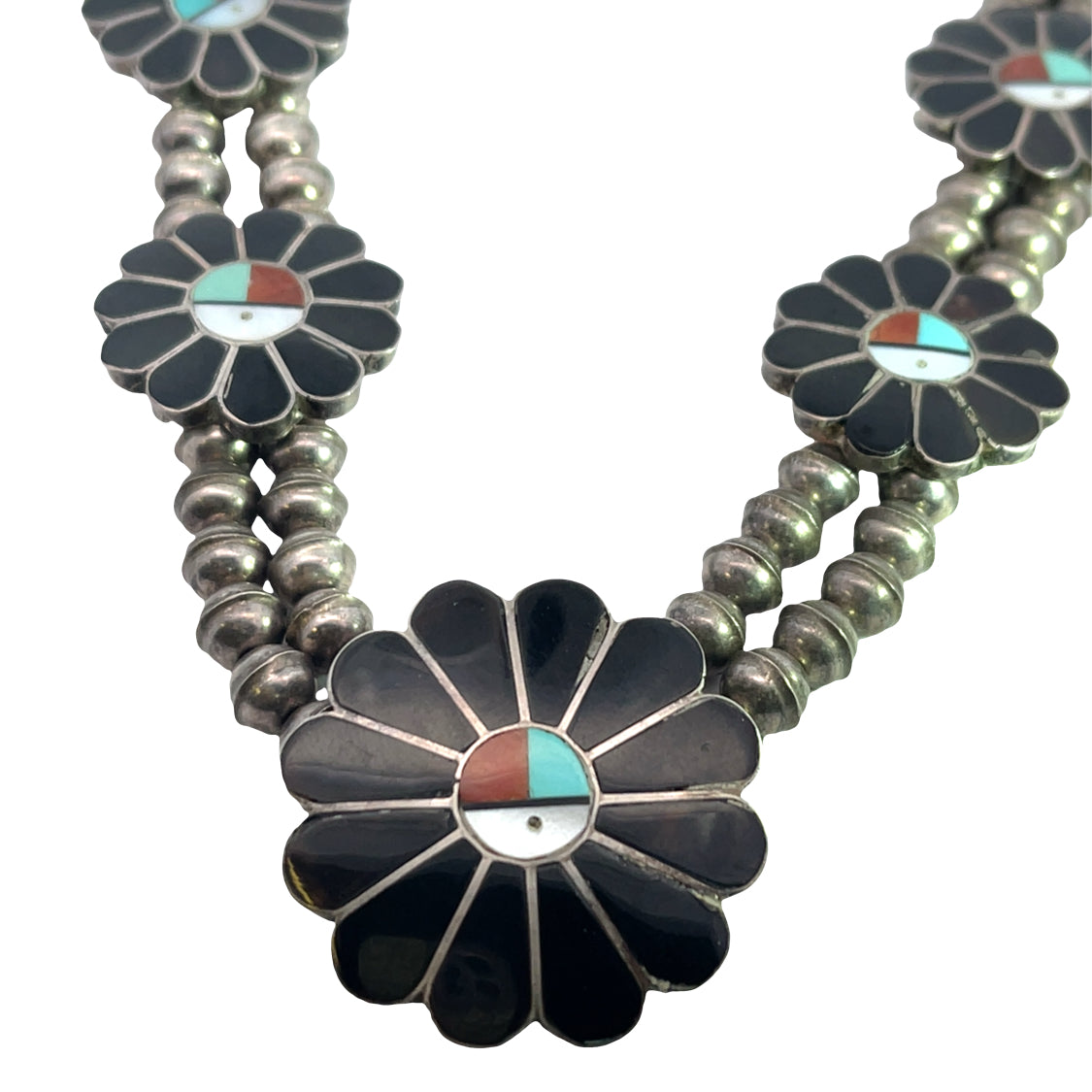 Native American Sterling Silver Mother of Pearl, onyx, coral, turquoise necklace