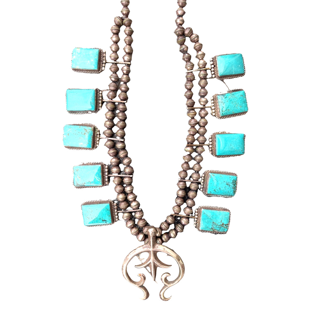 Native American Sterling Silver Kingman turquoise squash blossom necklace