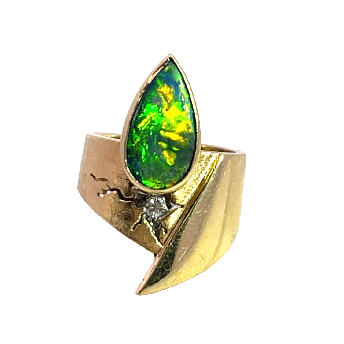 Modern 14KY gold, diamond and Lightning Ridge opal ring