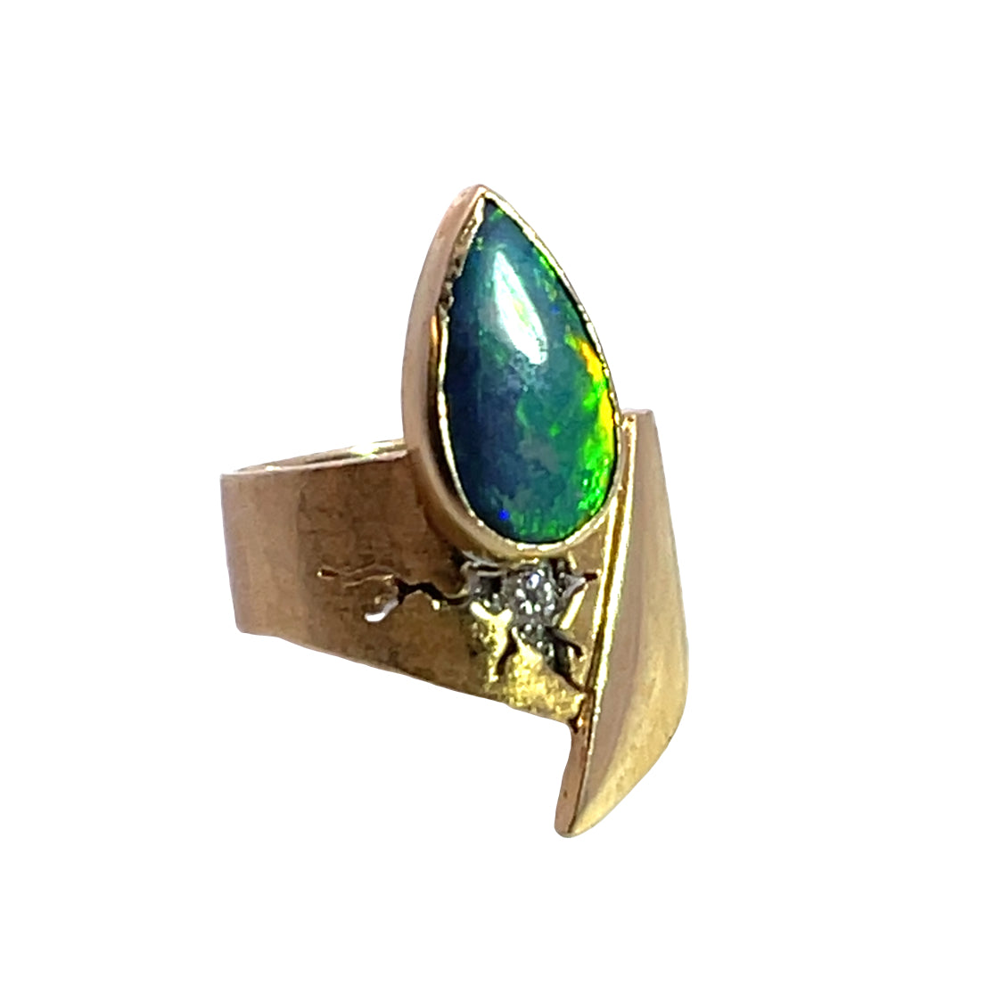 Modern 14KY gold, diamond and Lightning Ridge opal ring