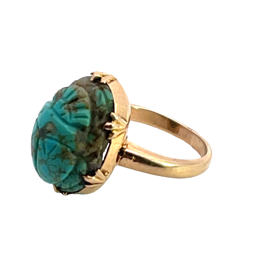 Modern 14K rose gold and carved turquoise scarab ring