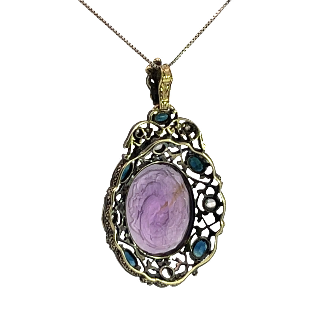 Victorian Sterling Silver, Yellow gold, rose cut diamonds, sapphires and amethyst cameo pendant