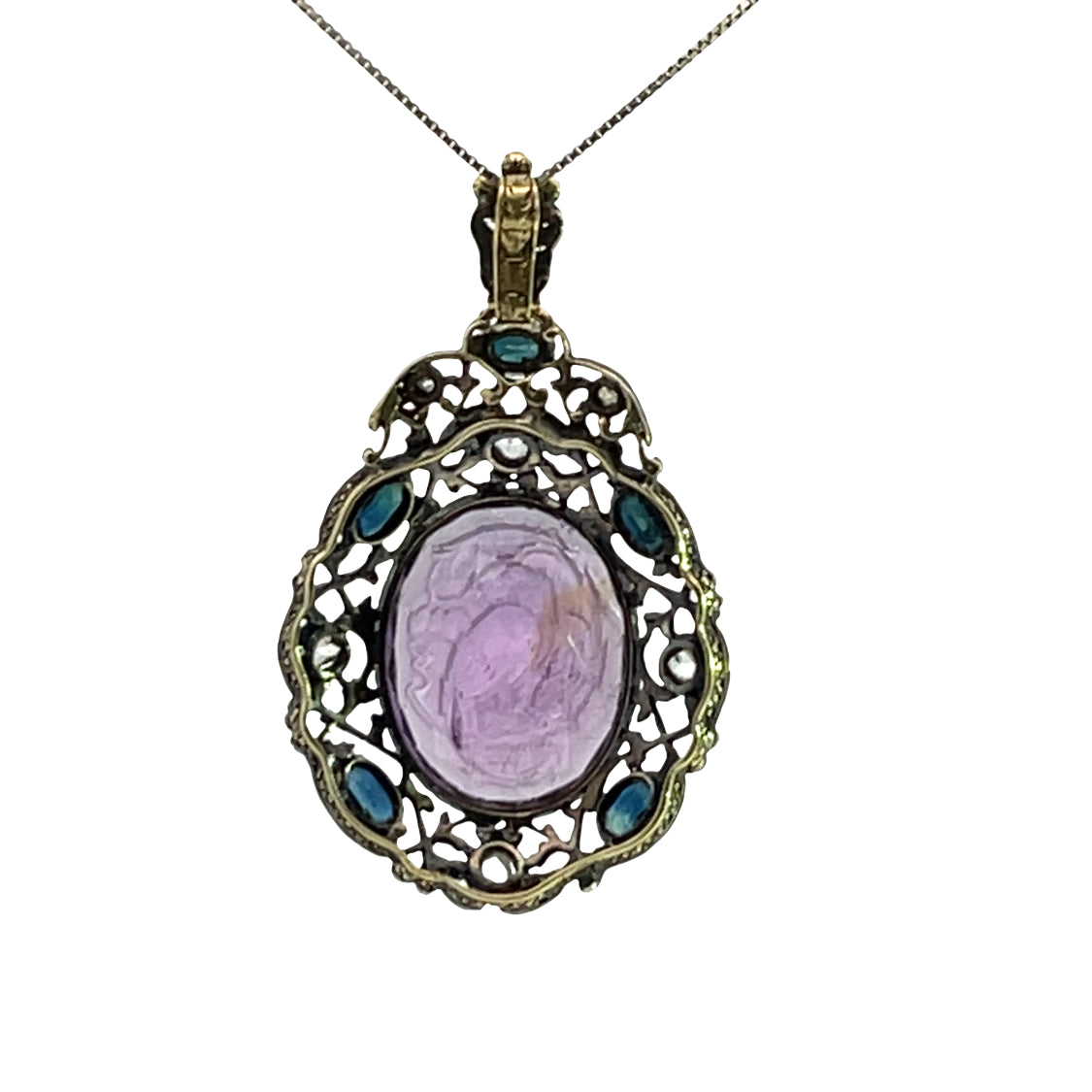 Victorian Sterling Silver, Yellow gold, rose cut diamonds, sapphires and amethyst cameo pendant