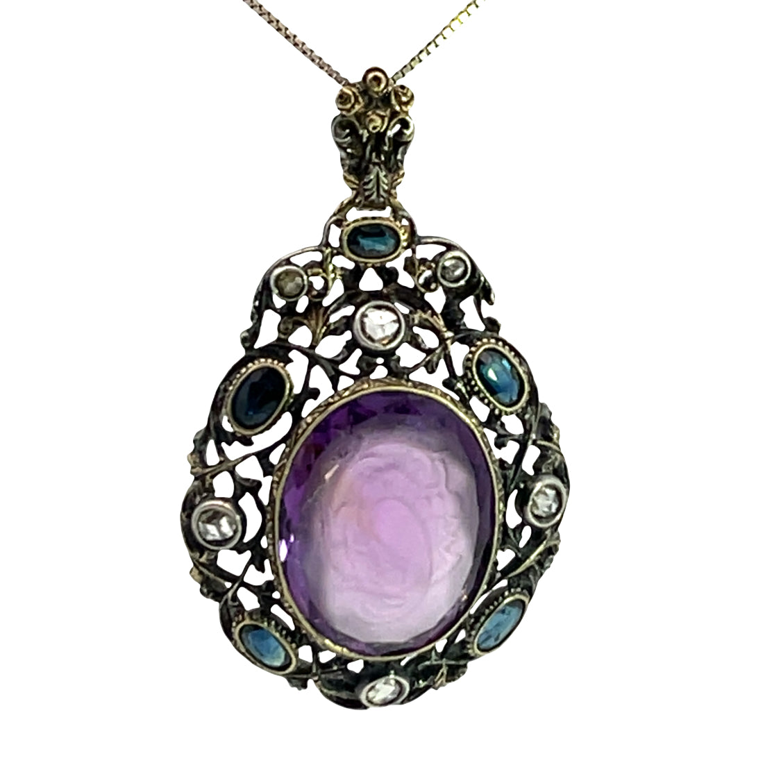 Victorian Sterling Silver, Yellow gold, rose cut diamonds, sapphires and amethyst cameo pendant