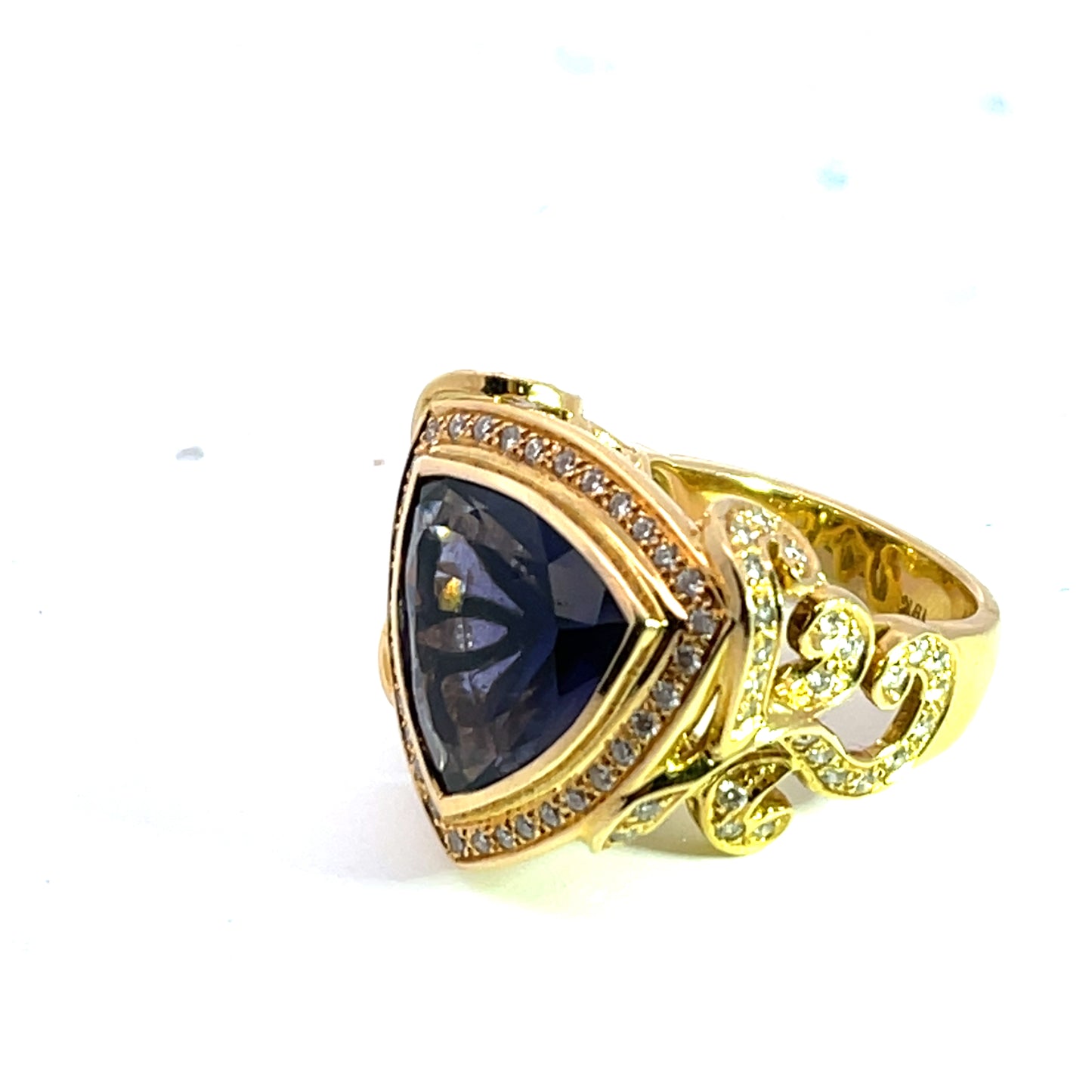 Modern 18KY gold, diamond and Iolite trillion Paula Crevoshay ring