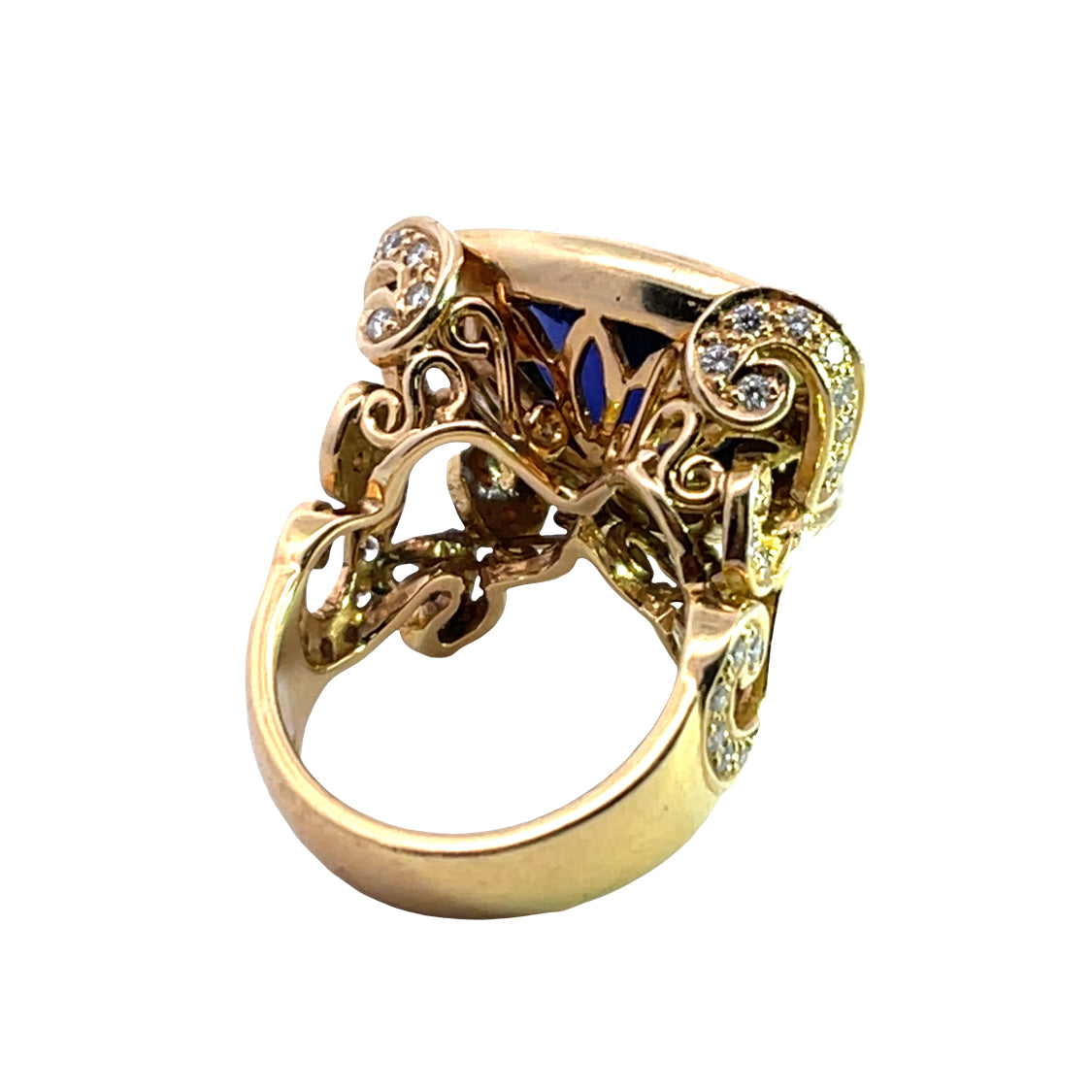 Modern 18KY gold, diamond and Iolite trillion Paula Crevoshay ring
