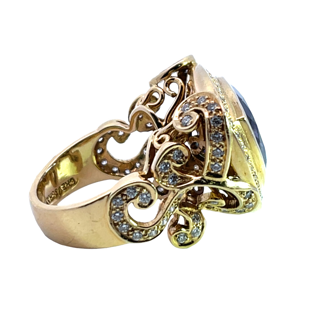 Modern 18KY gold, diamond and Iolite trillion Paula Crevoshay ring