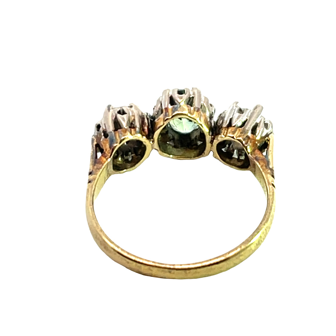 Victorian Platinum, 18KY gold, green sapphire and old mine cut diamond ring