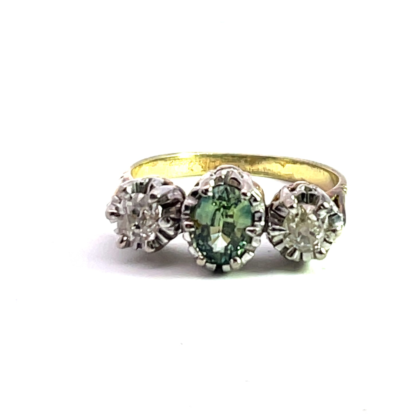 Victorian Platinum, 18KY gold, green sapphire and old mine cut diamond ring