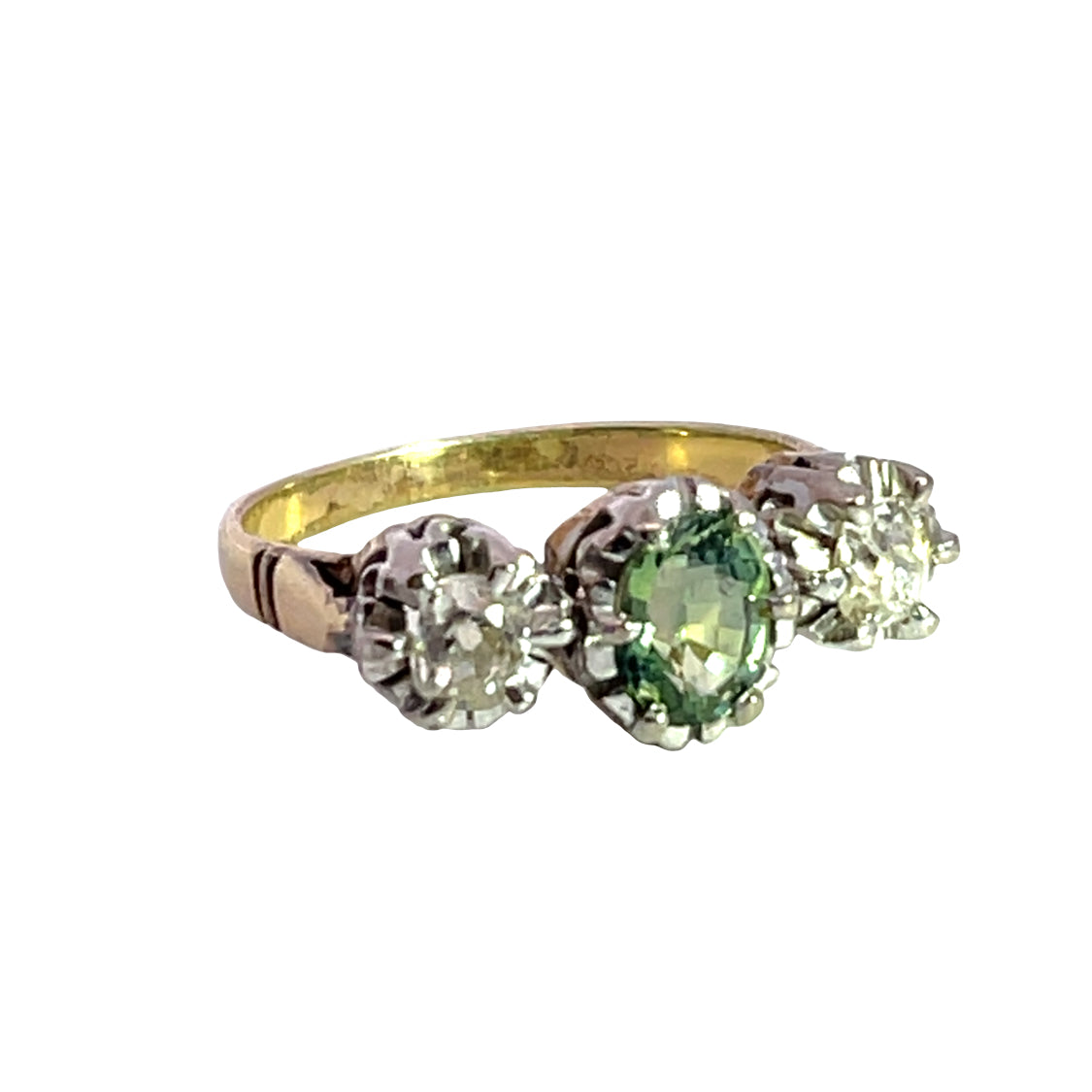 Victorian Platinum, 18KY gold, green sapphire and old mine cut diamond ring