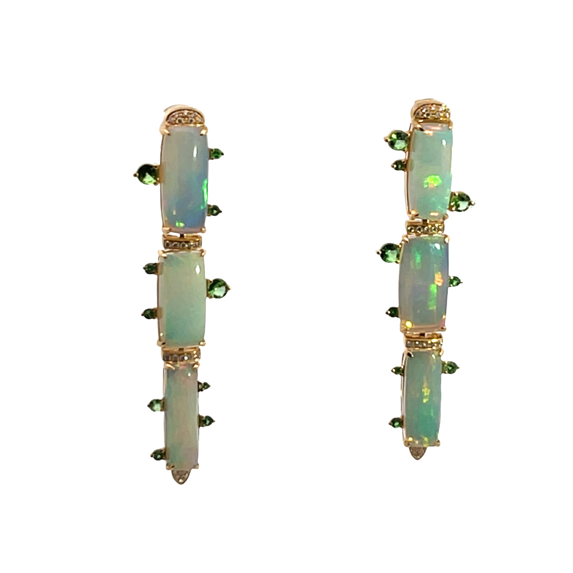 Modern 18KY gold, opal and Tsavorite garnet drop earrings