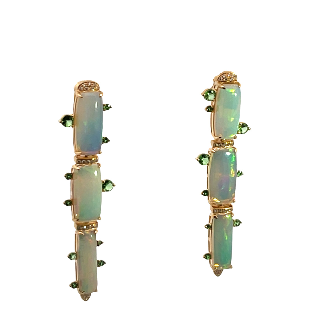 Modern 18KY gold, opal and Tsavorite garnet drop earrings