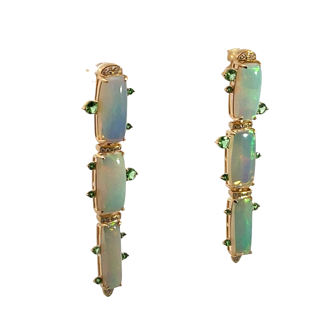 Modern 18KY gold, opal and Tsavorite garnet drop earrings