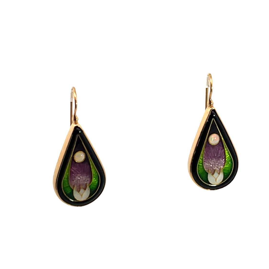 Modern 14KY gold enamel and opal earrings