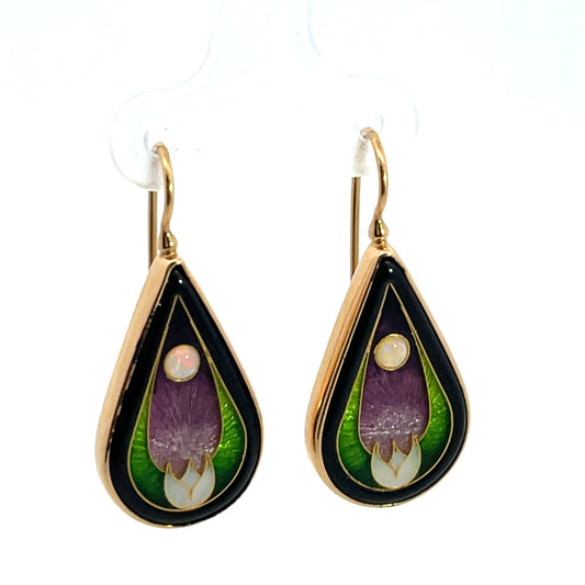 Modern 14KY gold enamel and opal earrings