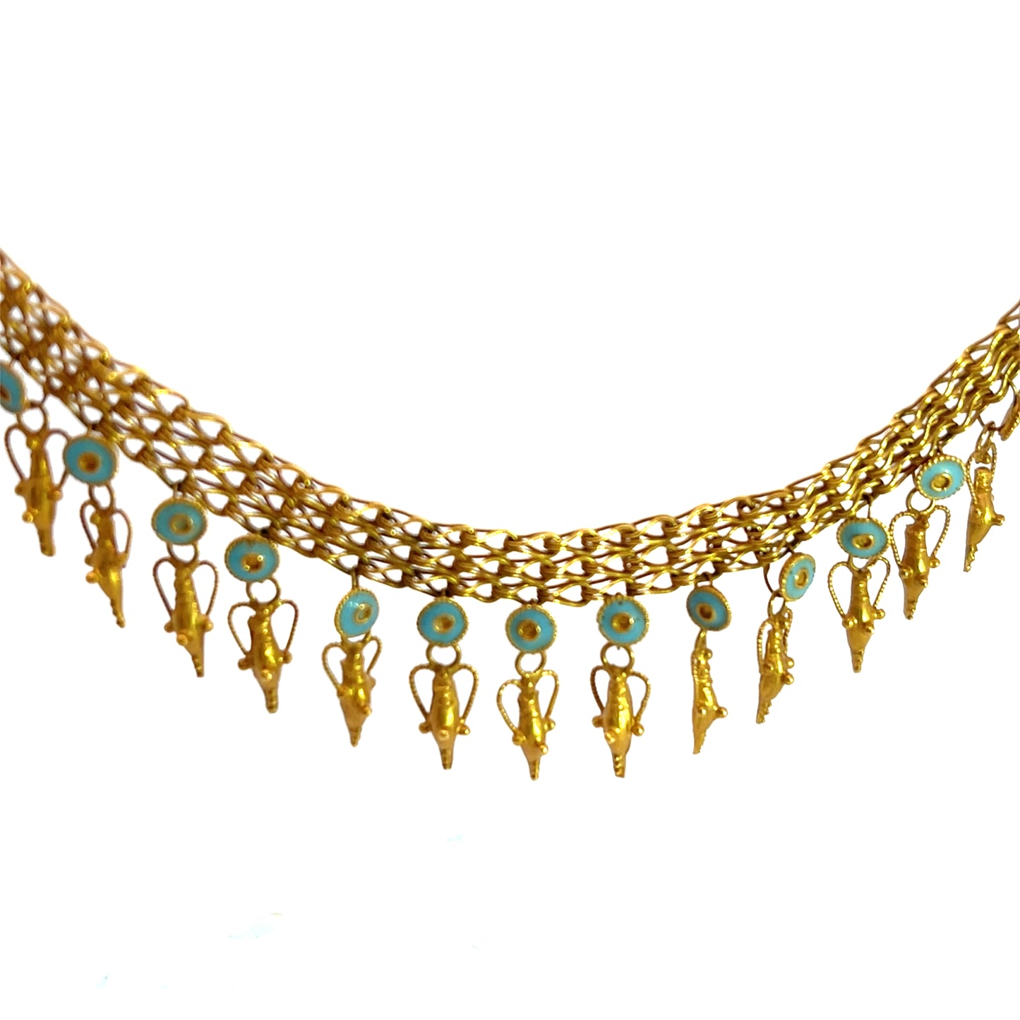 Victorian Etruscan Revival 22KY gold and blue enamel amphorae drop handmade necklace.