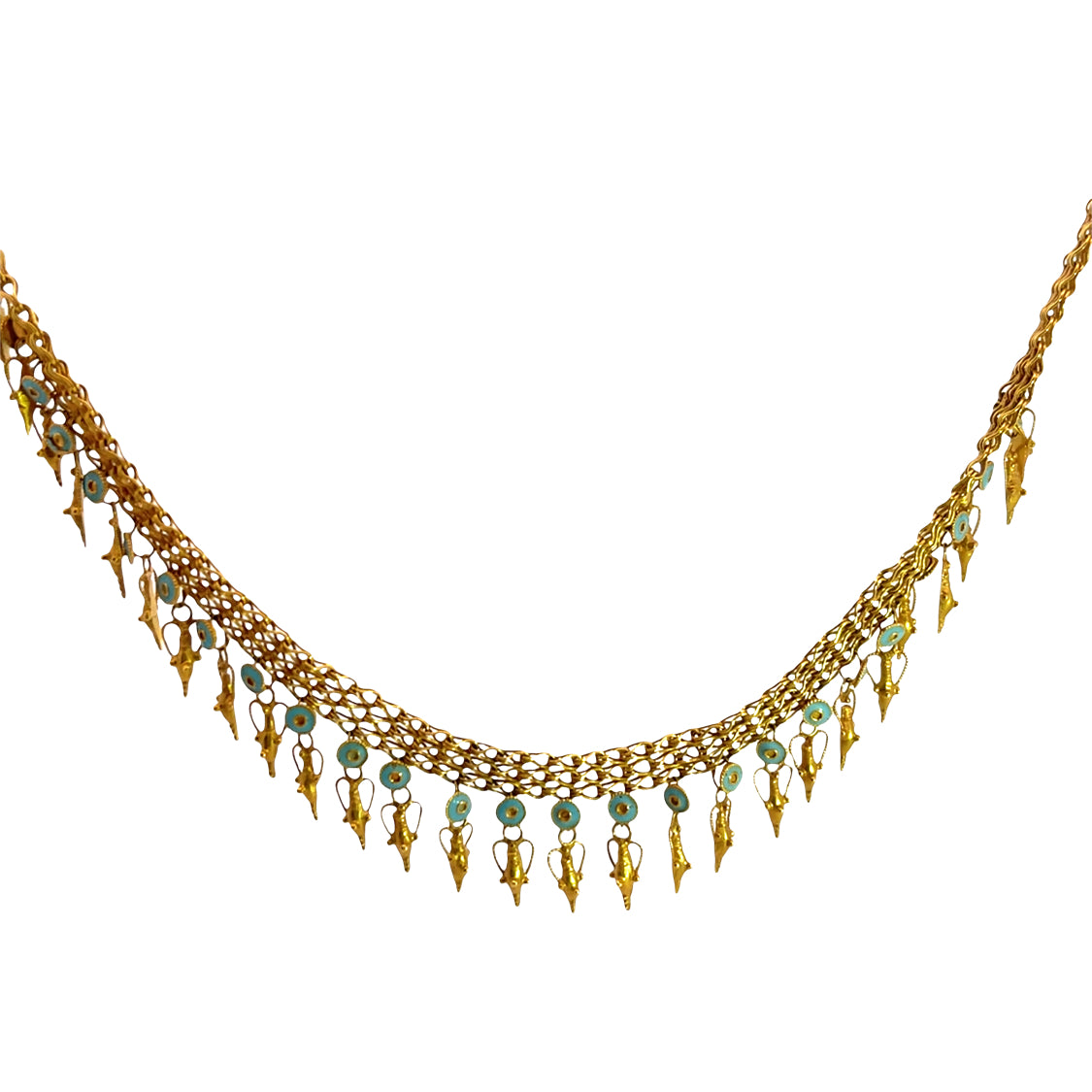 Victorian Etruscan Revival 22KY gold and blue enamel amphorae drop handmade necklace.