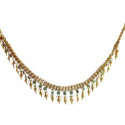 Victorian Etruscan Revival 22KY gold and blue enamel amphorae drop handmade necklace.