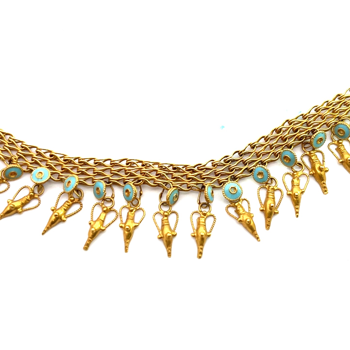 Victorian Etruscan Revival 22KY gold and blue enamel amphorae drop handmade necklace.