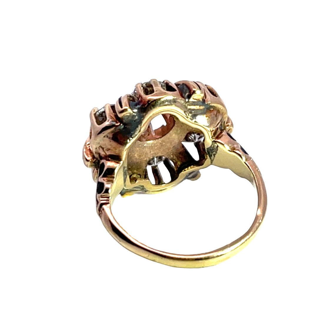 Late Victorian 14K rose gold, Old Mine Cut, Old European Cut natural diamond and enamel ring