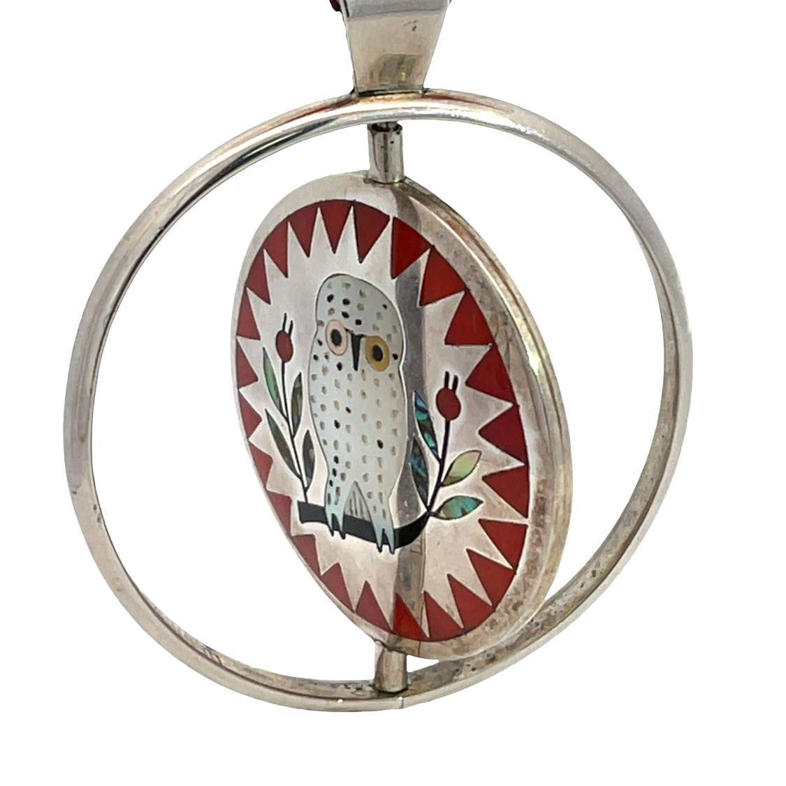 Native American Sterling silver coral, mother of pearl onyx and turquoise inlay spinner pendant