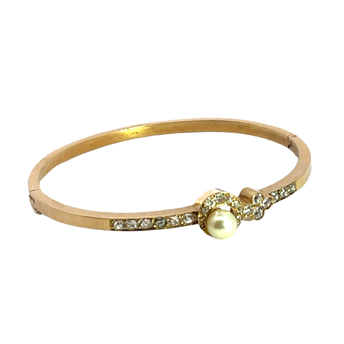 Victorian 14KY gold, Old mine cut diamonds, rose cut diamonds and cultured pearl hinged bracelet